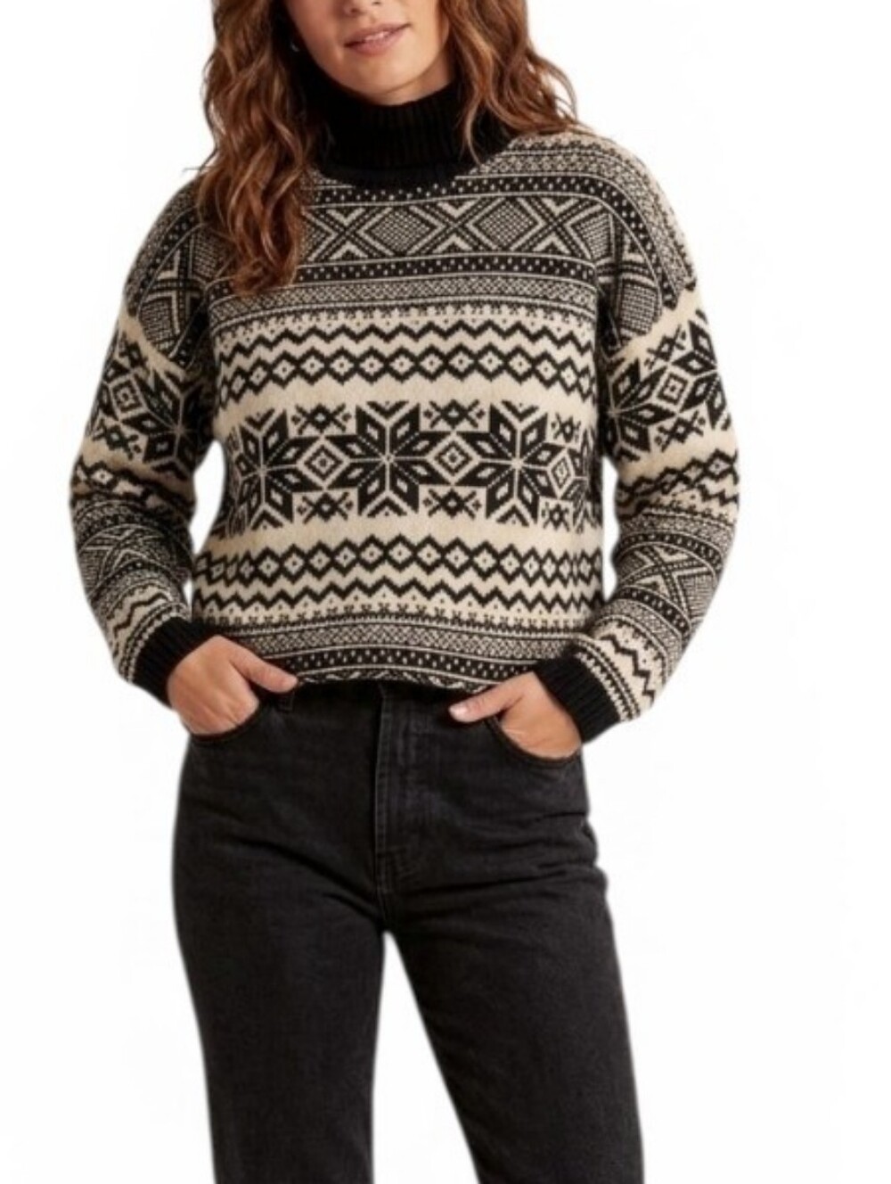 Vintage 90s Basic Editions Fair Isle Snowflake Mock Neck Sweater Black Cream M